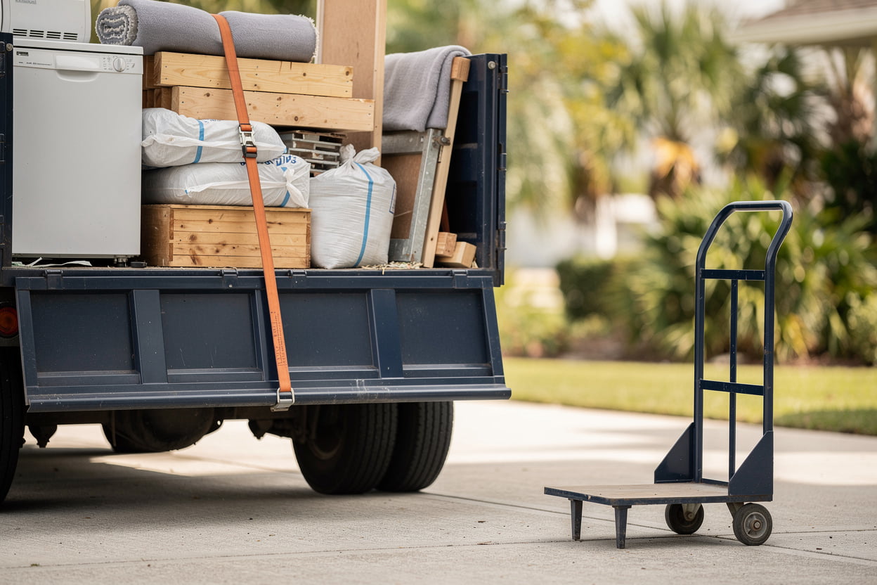 OneCiti-Soutside loaded truck and neatly stacked debris ready for junk removal pickup in Saint Petersburg, FL